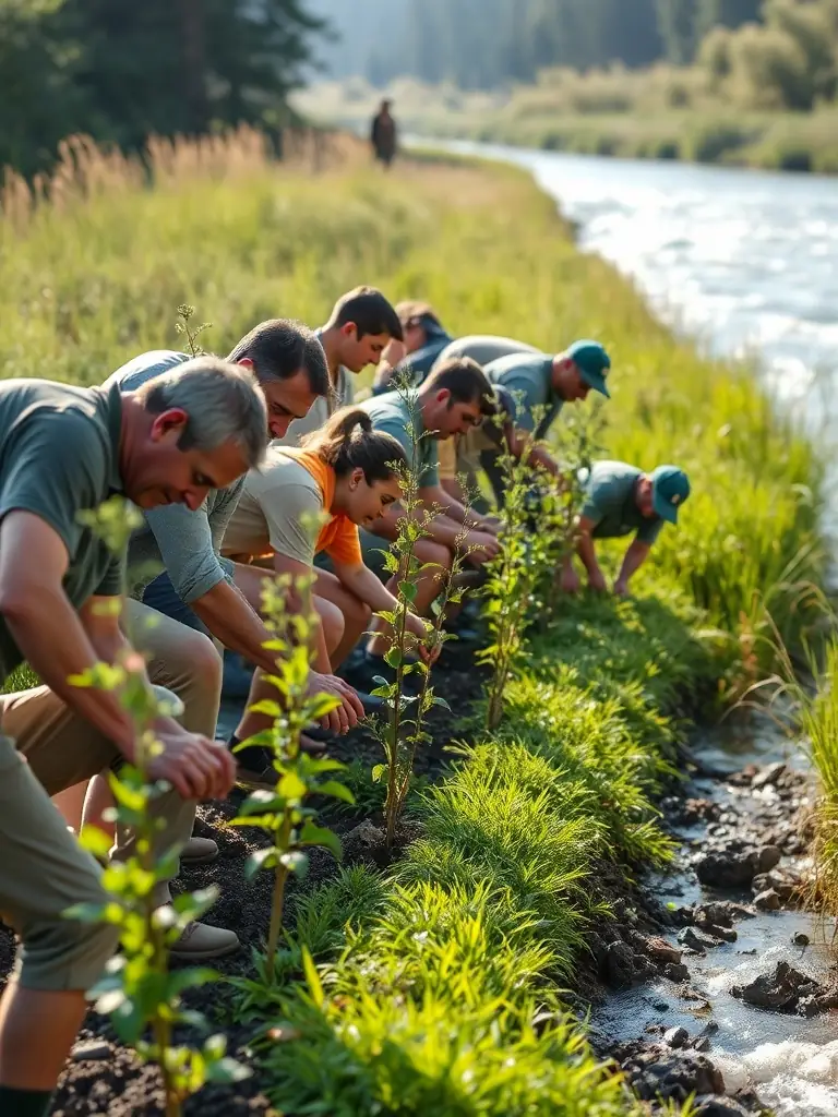 A group of volunteers planting trees along a riverbank, symbolizing habitat restoration efforts by ASSOCIATION AGREE DE PECHE ET DE PROTECTION DU MILIEU AQUATIQUE LES DEUX VALLEES.