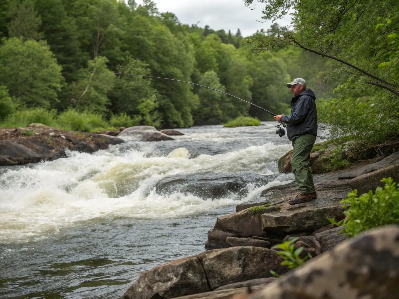 A group of anglers practicing catch-and-release fishing along a pristine riverbank, with lush greenery and clear water in the background, symbolizing responsible fishing practices.
