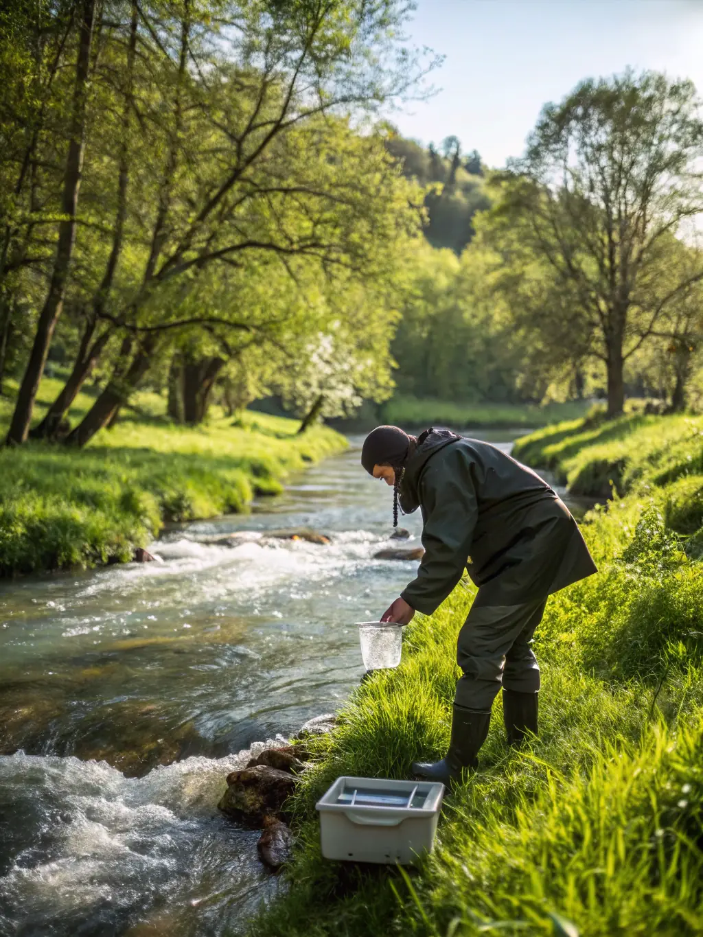 A close-up shot of water samples being collected from a river, illustrating the water quality monitoring program conducted by the association.