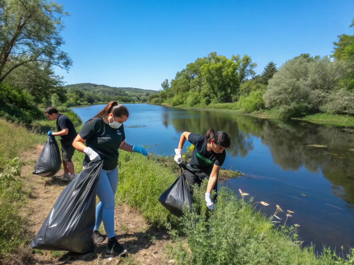 A group of volunteers participating in a river cleanup, removing trash and debris from the riverbank, showcasing community involvement in environmental conservation.