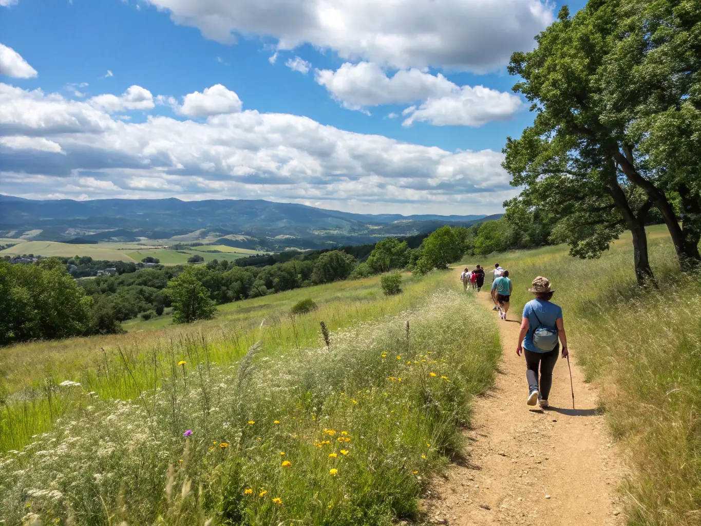 A scenic image of a group of people participating in a guided nature walk along a river, learning about the local flora and fauna and the importance of biodiversity.
