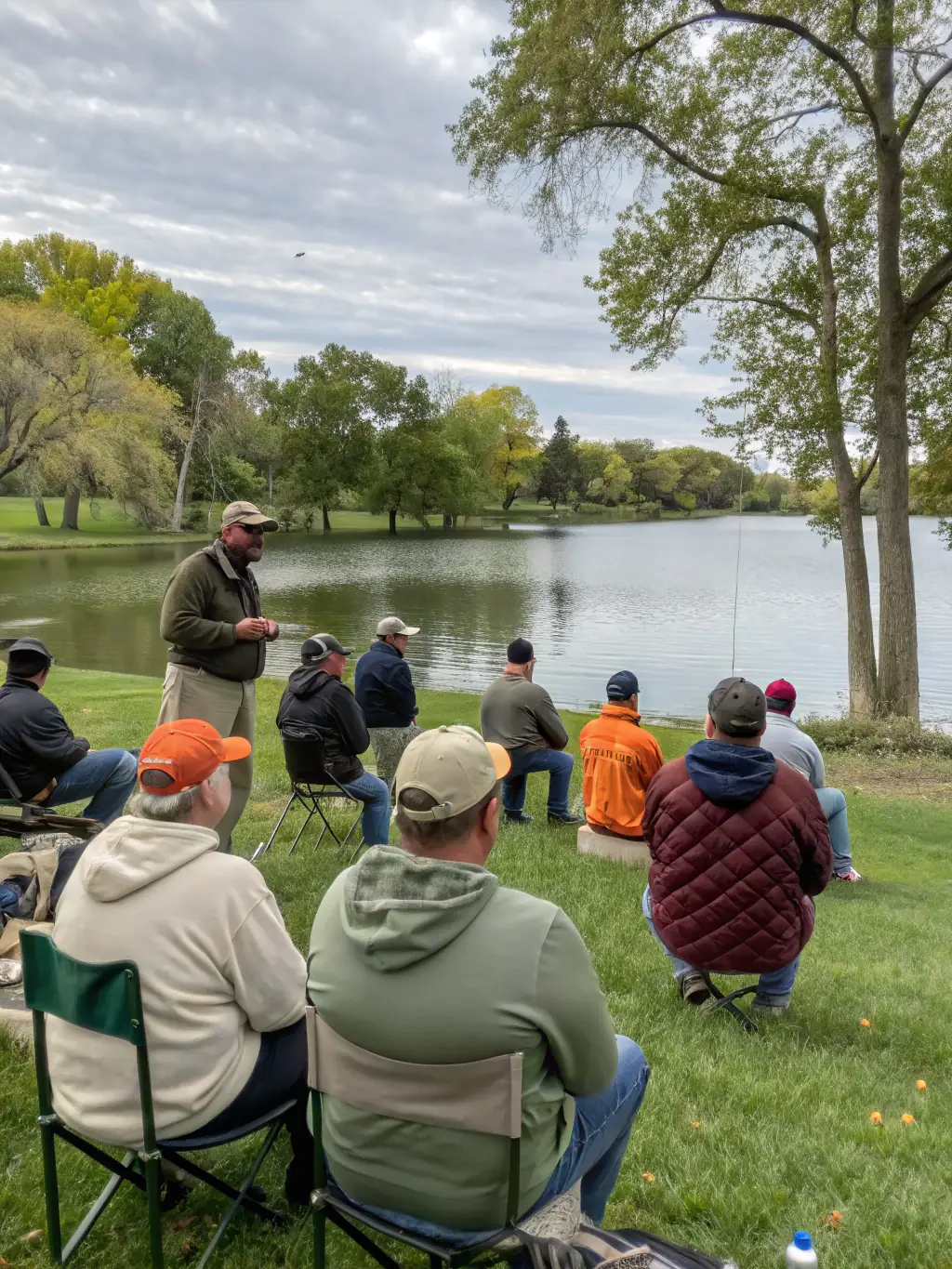 A group of anglers participating in a workshop on responsible fishing practices, focusing on catch-and-release techniques and sustainable angling methods.