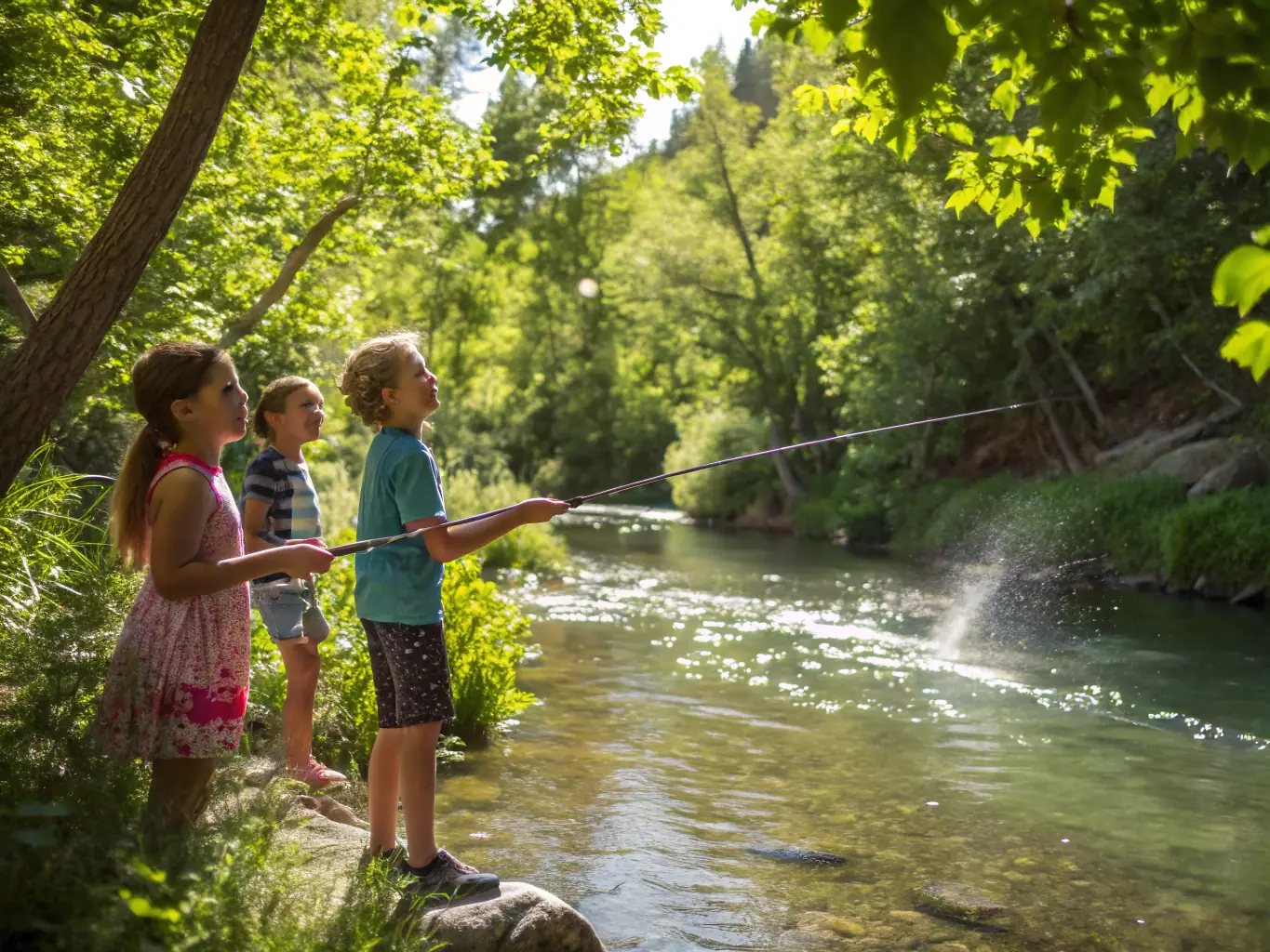 A photo of children participating in a fishing workshop, learning about responsible fishing techniques and aquatic ecology from experienced instructors.