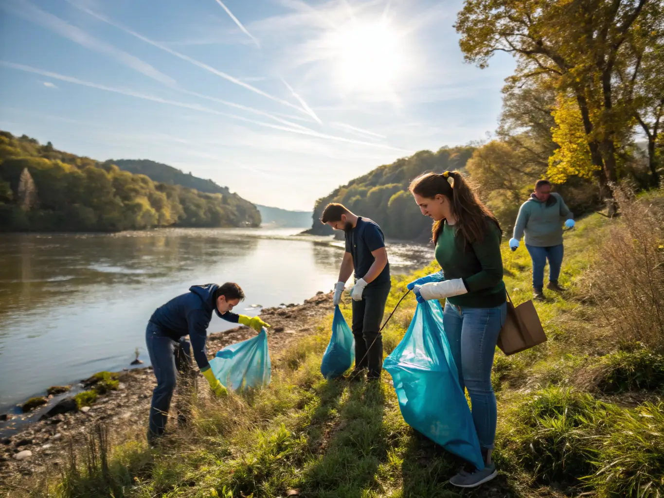 A group of volunteers participating in a river cleanup, removing trash and debris from the riverbank, showcasing the association's commitment to environmental conservation.