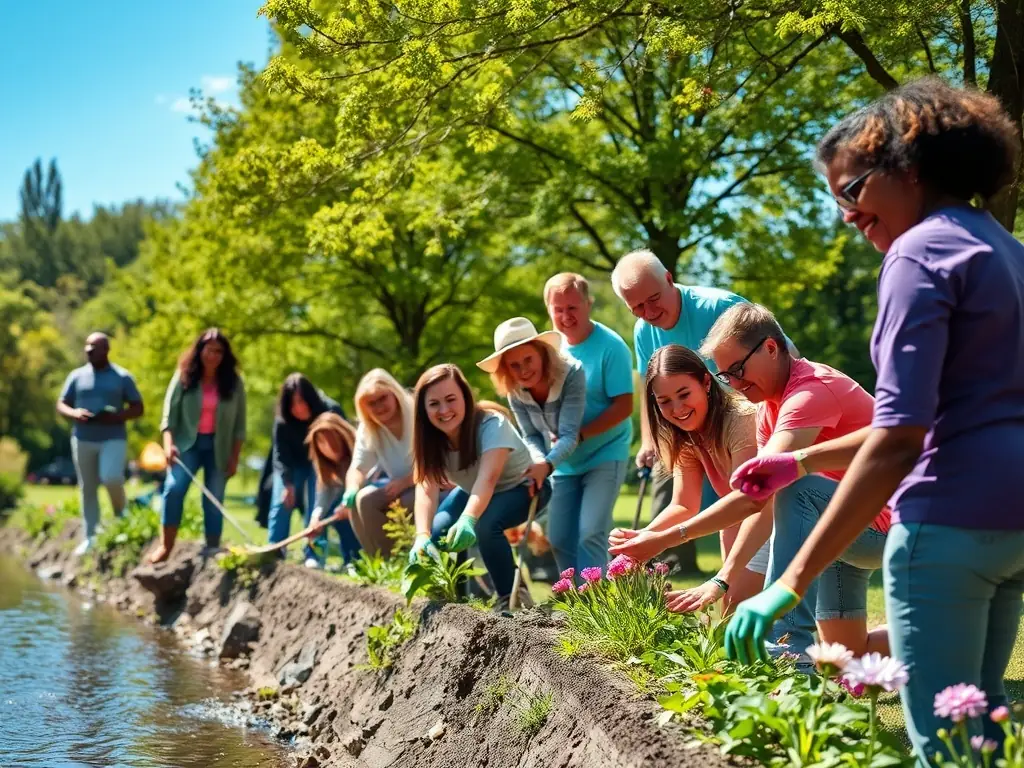 A diverse group of community members participating in a river cleanup, collecting trash and debris to improve water quality and protect aquatic life.
