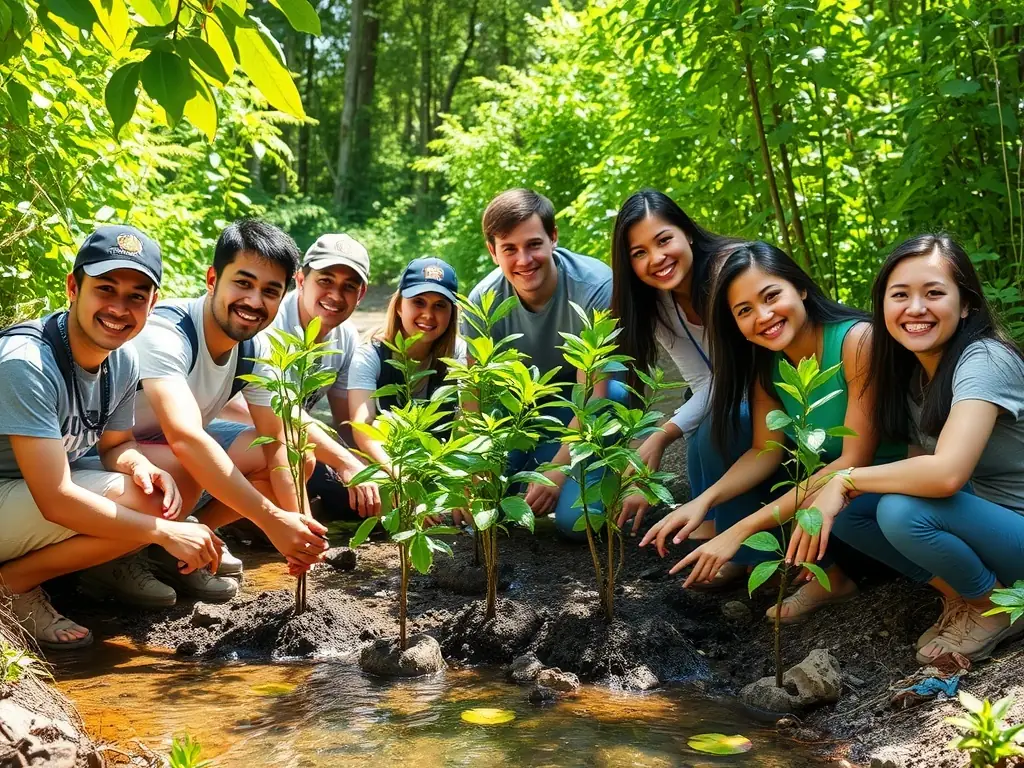 Volunteers planting native aquatic plants along a riverbank, with conservation tools and educational signage visible, illustrating environmental conservation efforts.