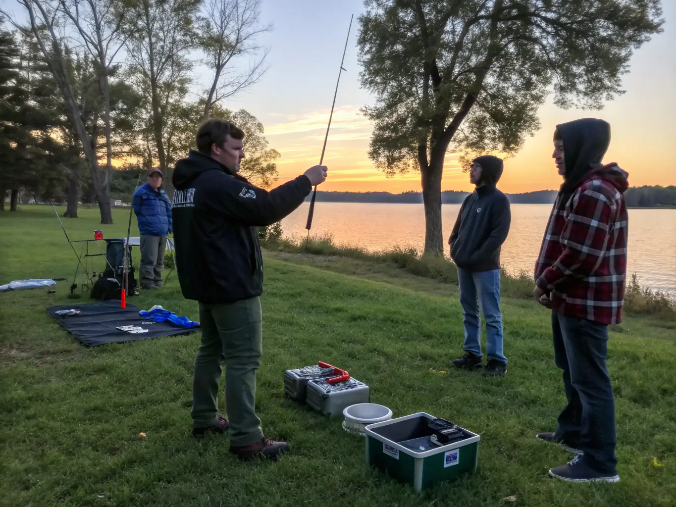 A photo of a workshop where participants are learning about responsible fishing techniques, including catch and release methods and the importance of using sustainable gear.