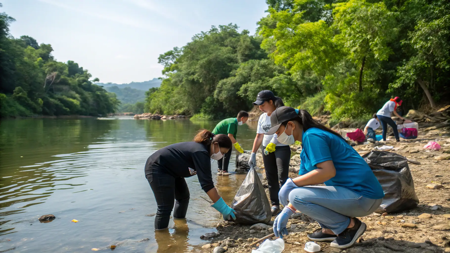 A group of volunteers cleaning up a riverbank, removing trash and debris to restore the natural habitat.