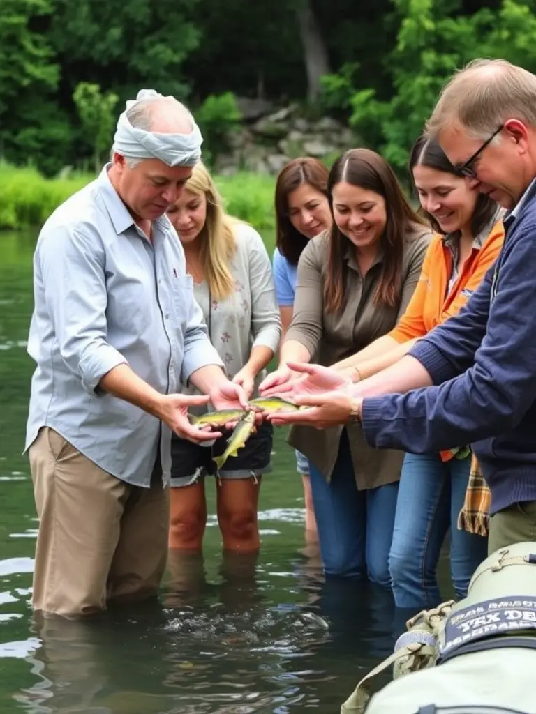 A photo of tagged fish being released back into a river, showcasing the association's efforts in species protection and monitoring.