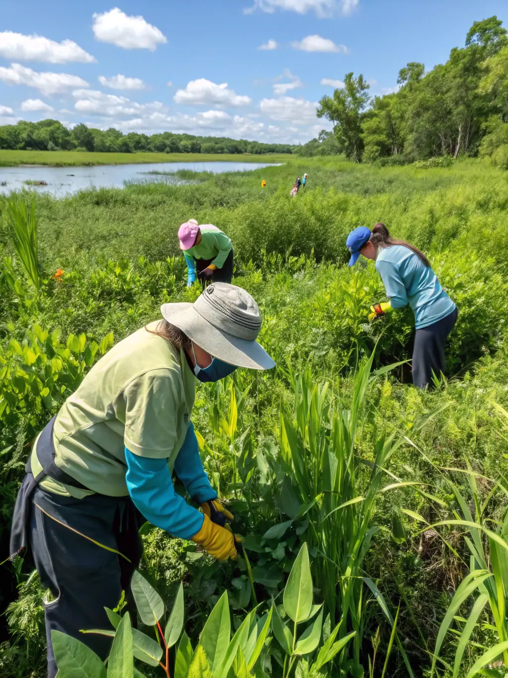 A group of volunteers planting native aquatic plants along a riverbank, contributing to habitat restoration and biodiversity enhancement.