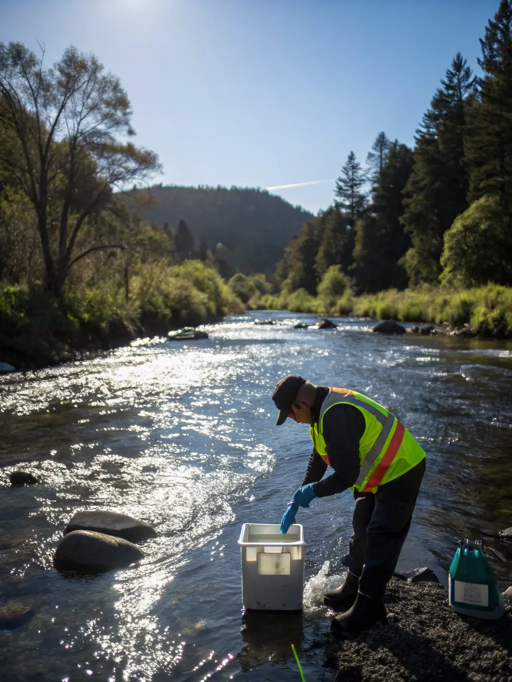 Volunteers collecting water samples for quality monitoring in a local river, emphasizing the importance of maintaining healthy aquatic ecosystems.
